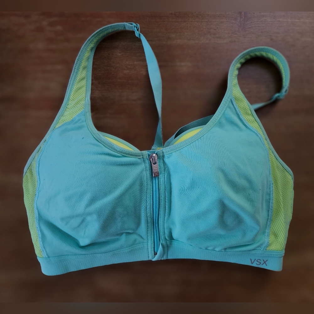 Victoria's Secret Aqua and Yellow Sports Bra VSX 34C Teal And Neon Yellow Zip
